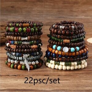 22-Piece Set Bohemian Wooden Beaded Bracelets
